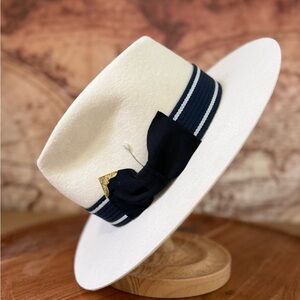 Chic White Fedora with Navy Band